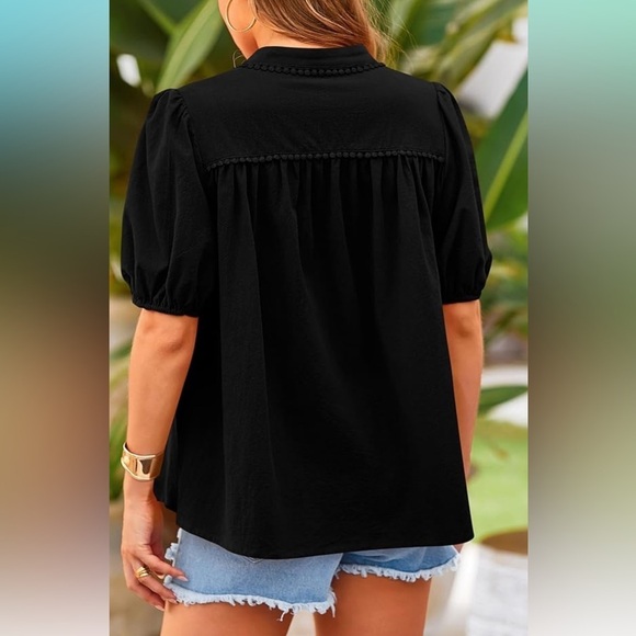 Pretty Garden black cotton buttoned down lantern short sleeves top Sz XXL new - Picture 2 of 9
